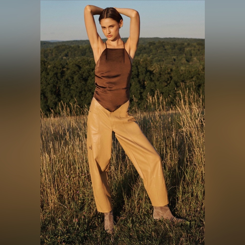 ANTHROPOLOGIE Faux Leather Utility Cargo Pants Camel Barrel 4